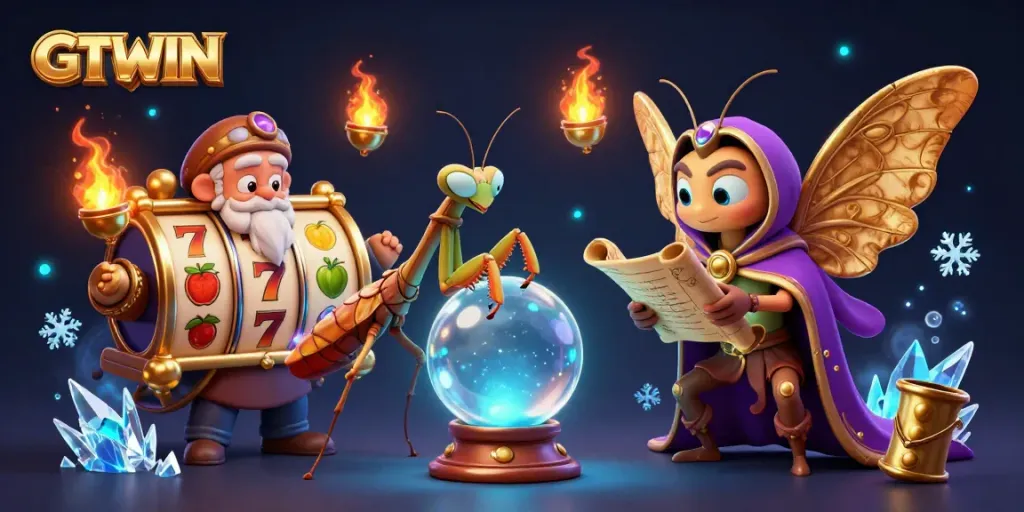 Engage with GTWIN's thrilling slot adventures through a mystical 3D scene, featuring vibrant characters and magical elements.