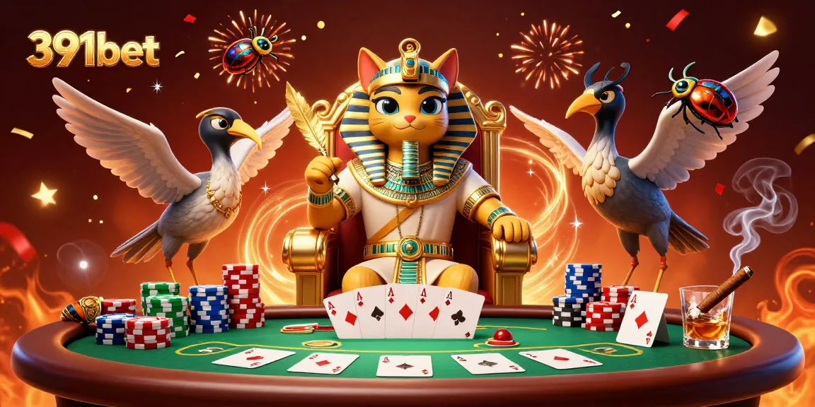 391bet provides an exciting scene with a pharaoh cat and gaming elements celebrating big wins.