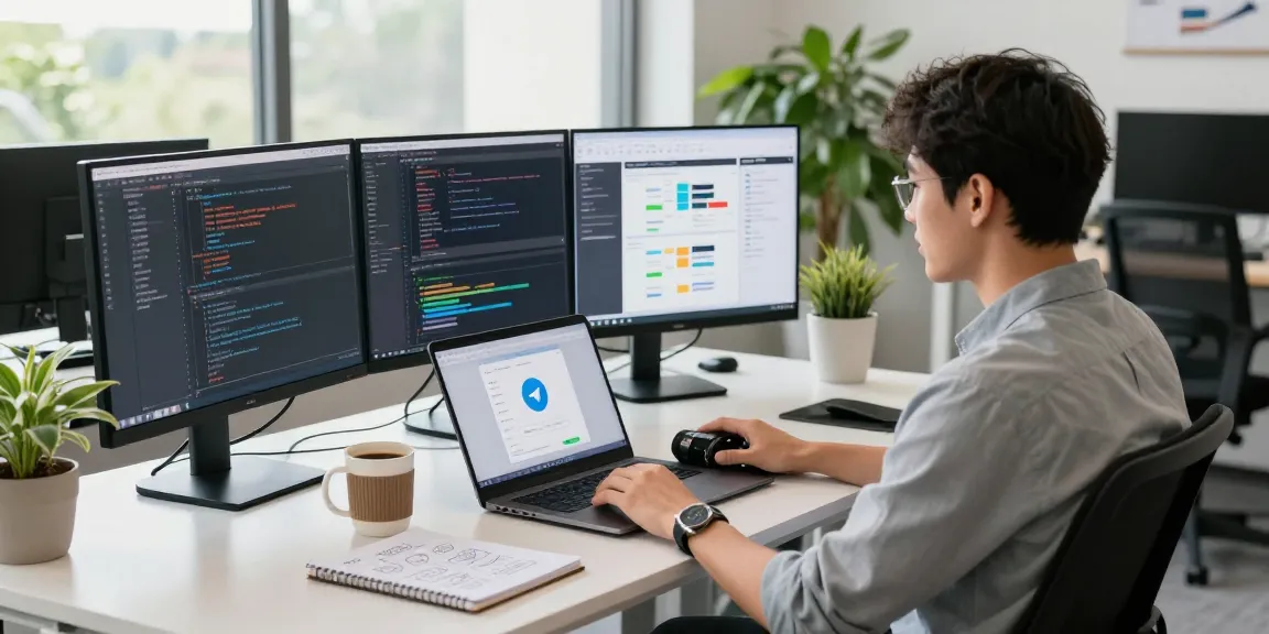 Focused developer at a modern workspace with Telegram download interface displayed on laptop, showcasing a productive tech environment.