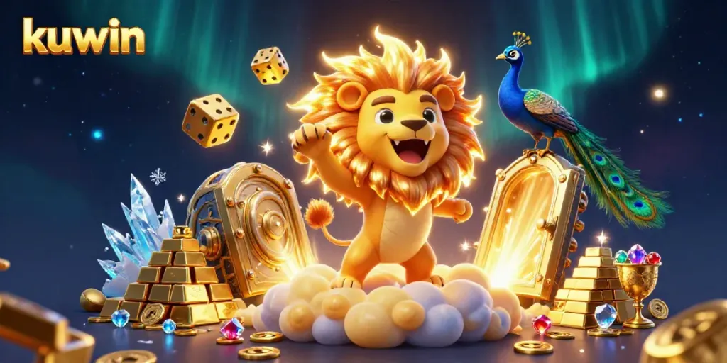 Kuwin casino illustration with a roaring lion, golden dice, and treasures illustrating vibrant gaming excitement.
