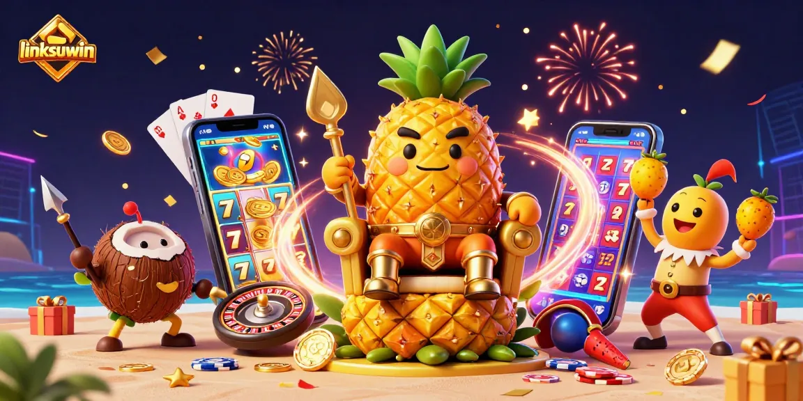 Engage with linksunwin's vibrant casino scene featuring a golden pineapple king and dynamic gaming elements.