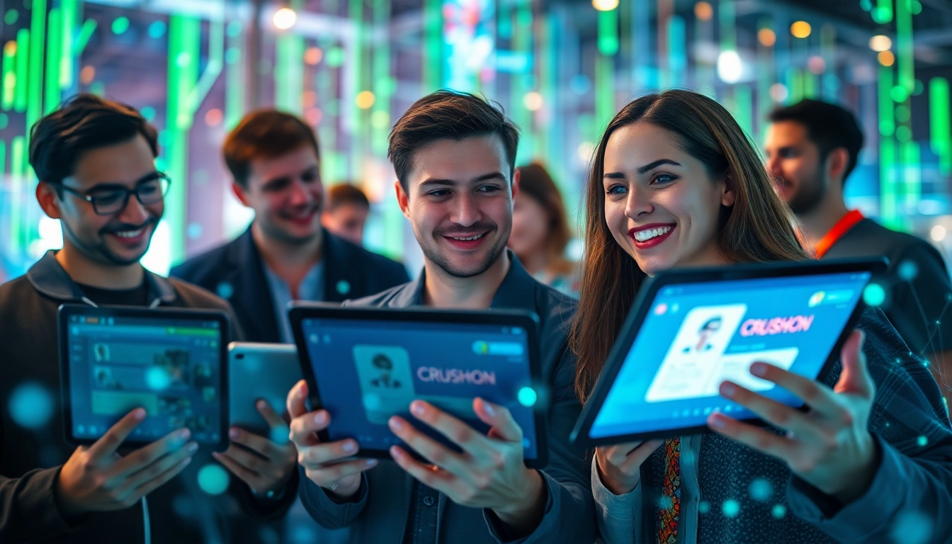 Engaging users interacting with Crushon AI in a vibrant digital landscape showcasing futuristic technology.