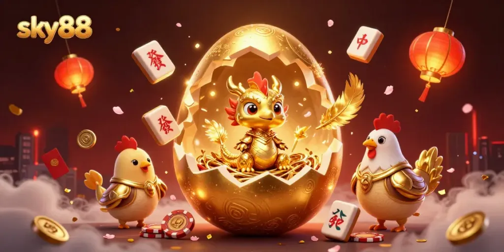 Engage with the magical world of sky88 featuring a golden dragon on poker chips with vibrant casino elements.