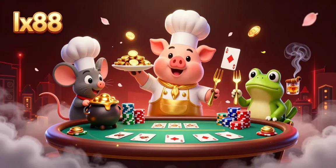 Experience lx88's vibrant gaming scene with a chef pig serving gold coins at a dynamic casino.