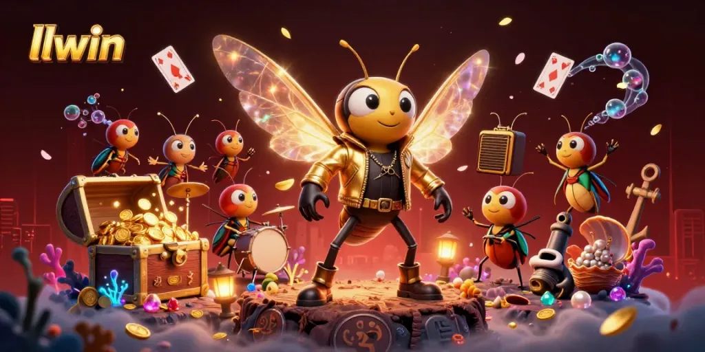Experience the excitement of llwin with a dynamic casino scene featuring a rock star and animated characters.