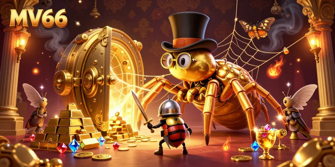 MV66 showcases a dynamic casino scene with a golden tarantula and beetle knight amidst a treasure vault, celebrating wins.