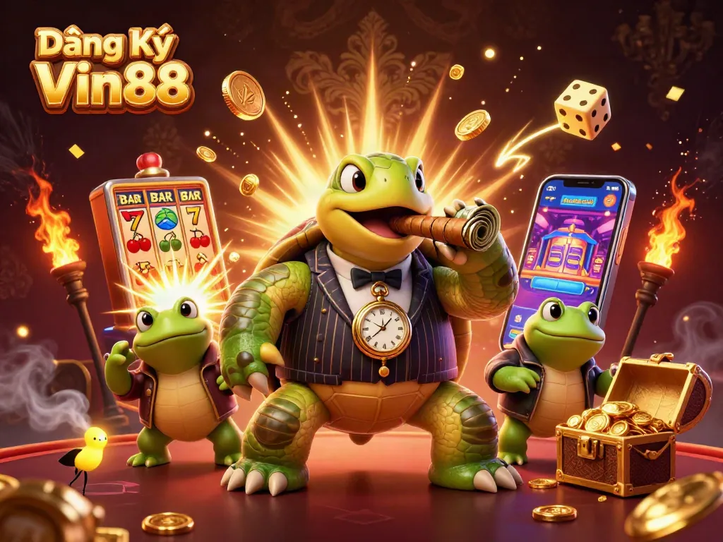 Engage with Đăng Ký Vin88 at vibrant casino scene featuring turtles and frogs.