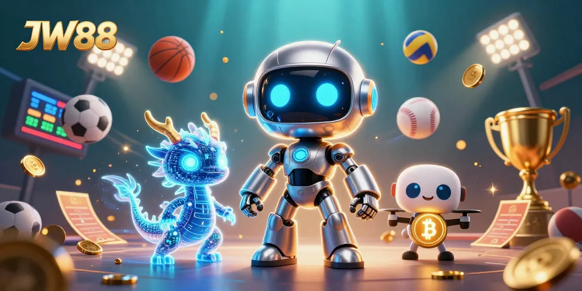 Engage with JW88's thrilling gaming scene featuring a cyberpunk robot, AI dragon, and drone assistant amidst vibrant sports elements.