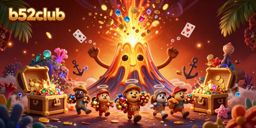 Experience thrilling gameplay at b52club with a golden volcano erupting treasure in this captivating gaming scene.