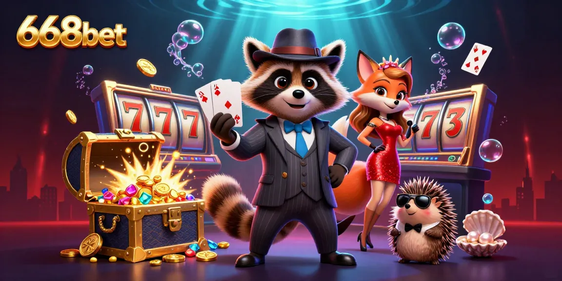 Experience the thrill of winning with 668bet's vibrant illustration of a raccoon and friends in a casino setting.