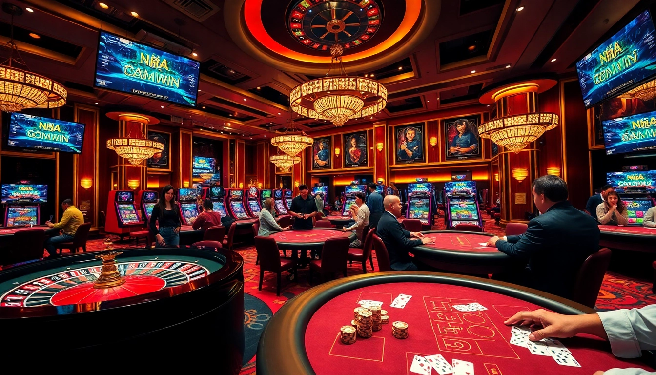 Experience the thrill of Nhà cái bomwin with vibrant casino tables and players engaged in exciting games.