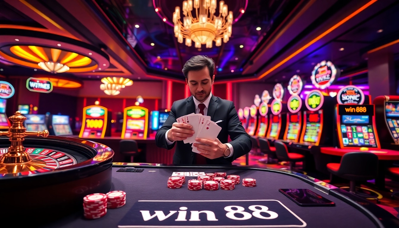 Experience the thrill of win 88 at an upscale casino with vibrant slot machines and poker tables.