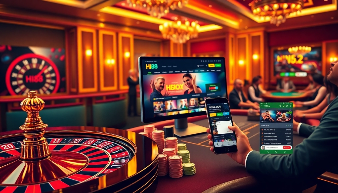 Players enjoying a thrilling game at Hi88 casino with vibrant poker chips and a roulette wheel.