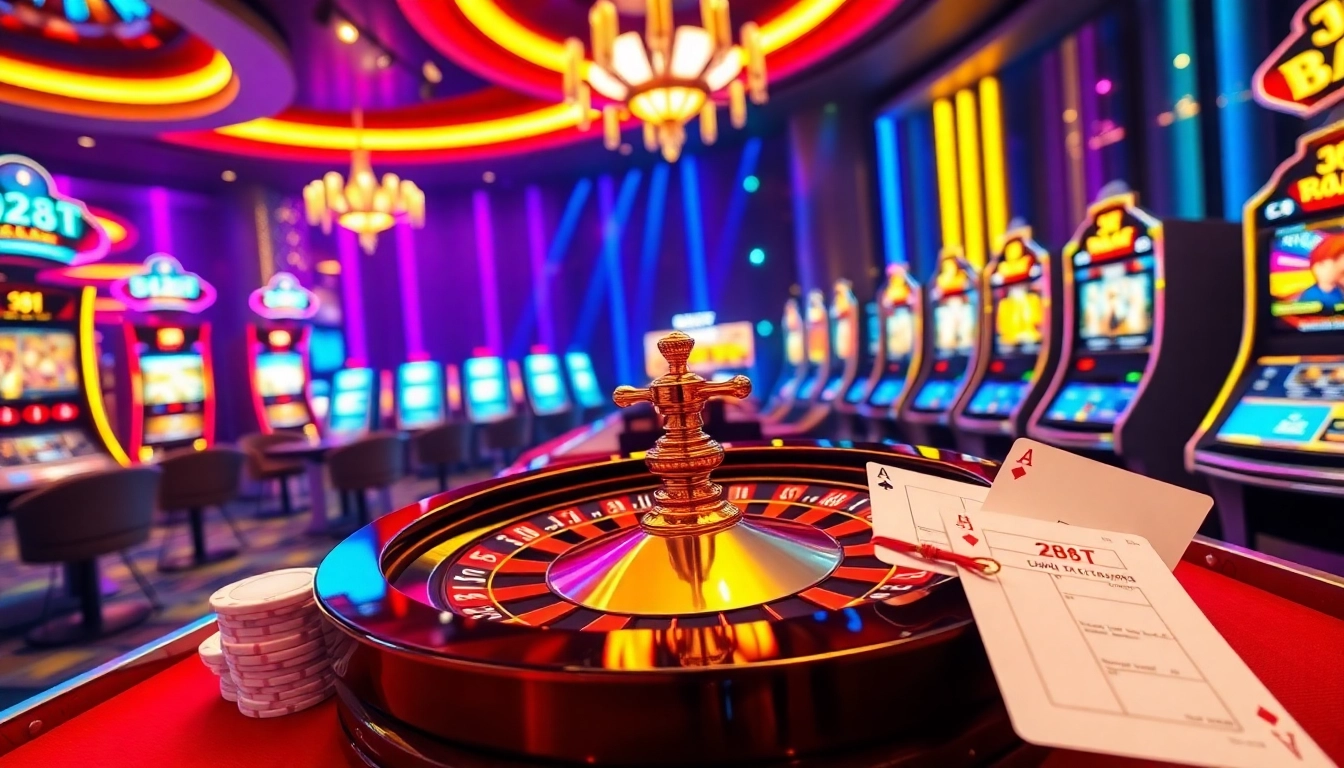Experience thrilling games at 288T with poker chips and roulette in a vibrant casino atmosphere.