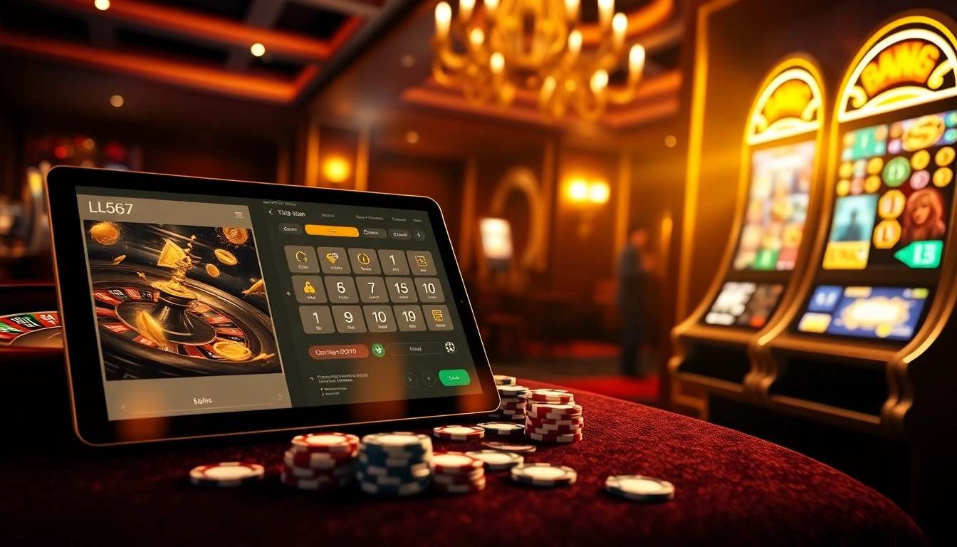 Experience L567's exciting casino gaming atmosphere with poker chips, cards, and vibrant slot machines.
