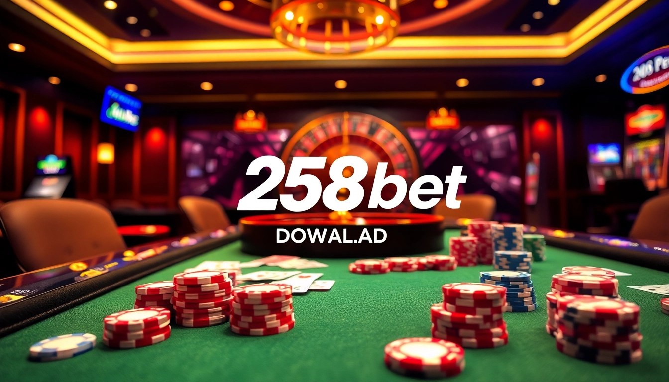 Engage in thrilling betting with the 258bet download app on a vibrant casino table.