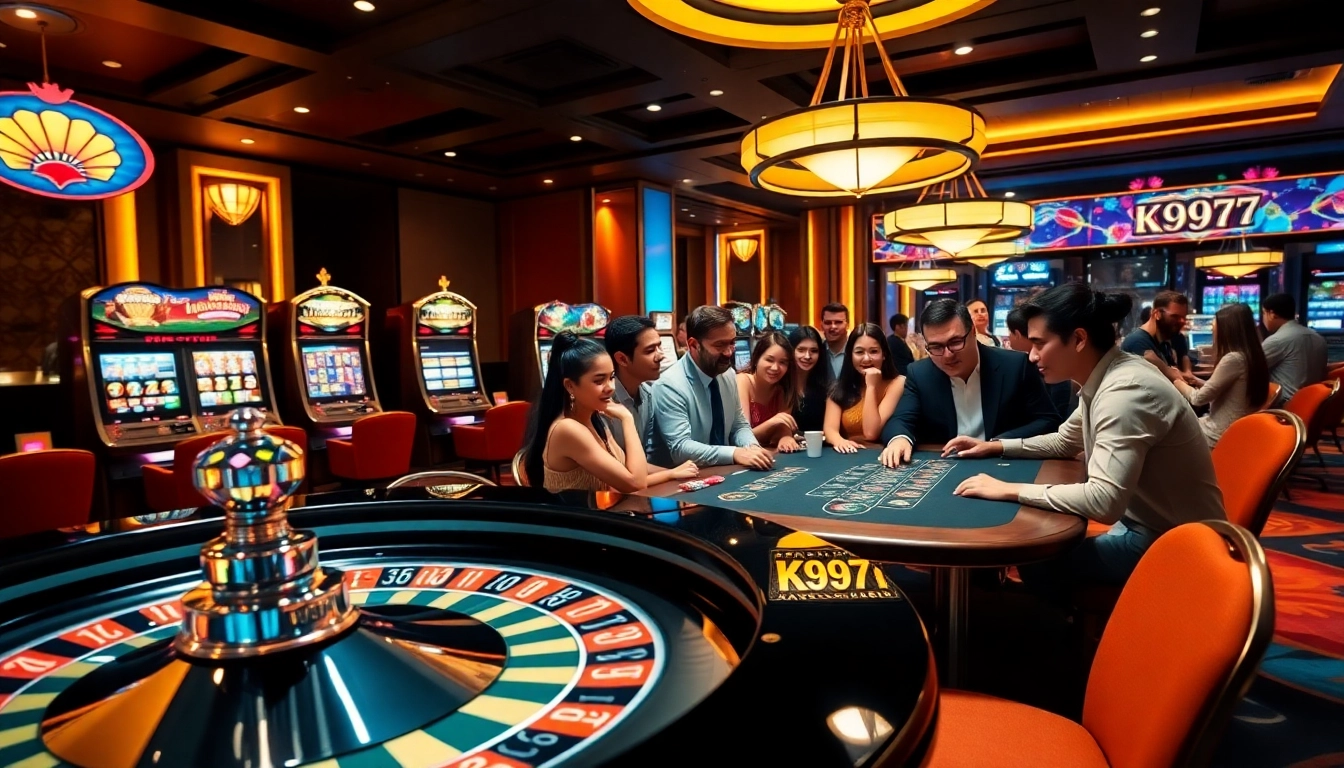 Uma mesa animada no cassino K997 com jogadores de blackjack estrategizando empolgadamente grandes ganhos.
