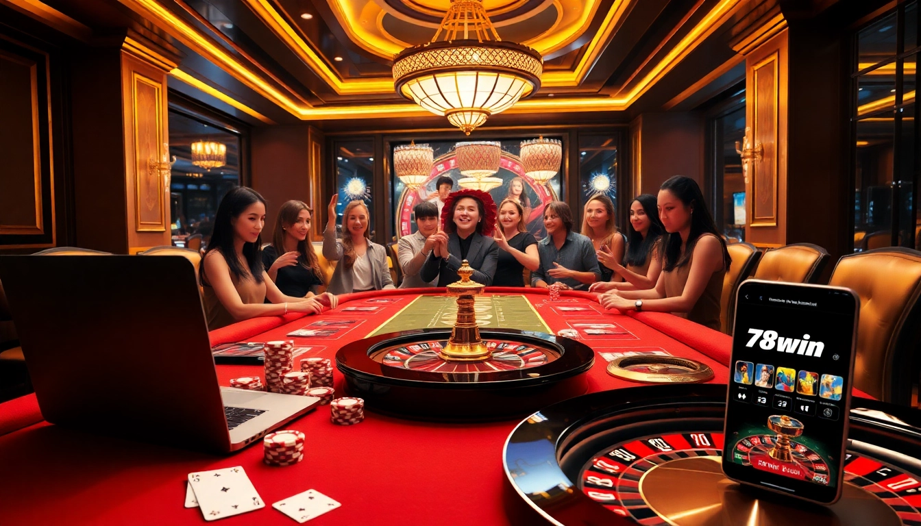 Players enjoying an exciting poker game at a luxurious casino table with 78win betting chips.