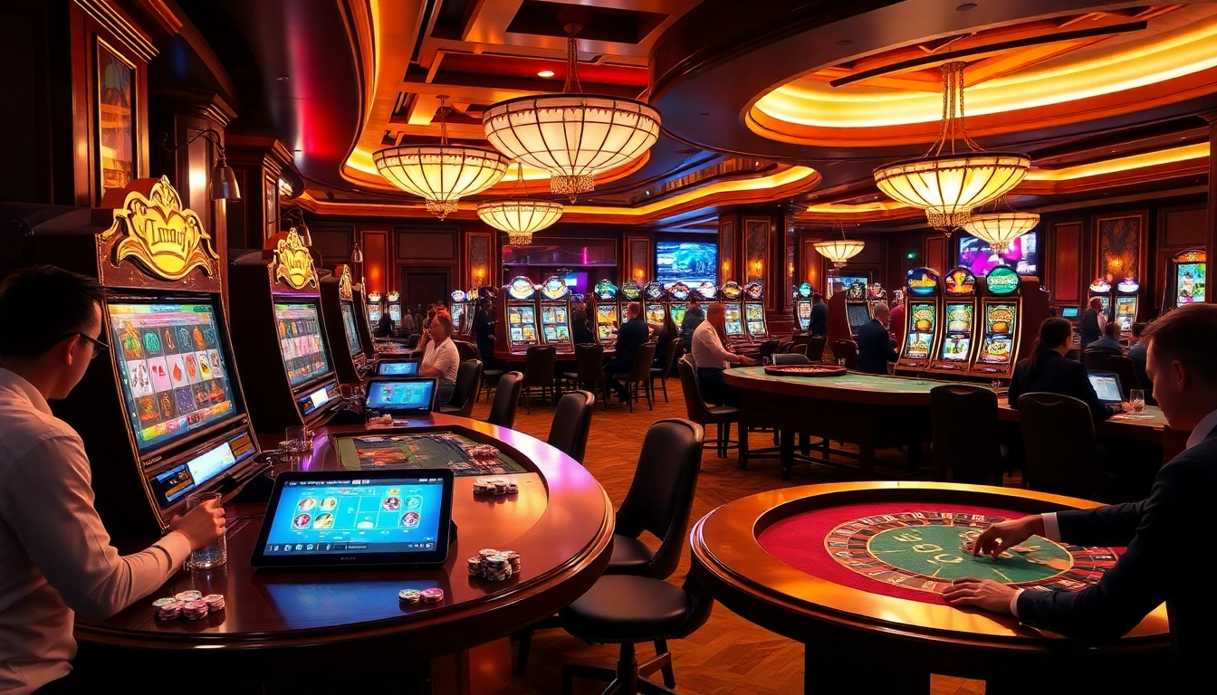 Jogadores aproveitando a emoção dos jogos de cassino na 59A, com máquinas caça-níqueis dinâmicas e mesas elegantes.