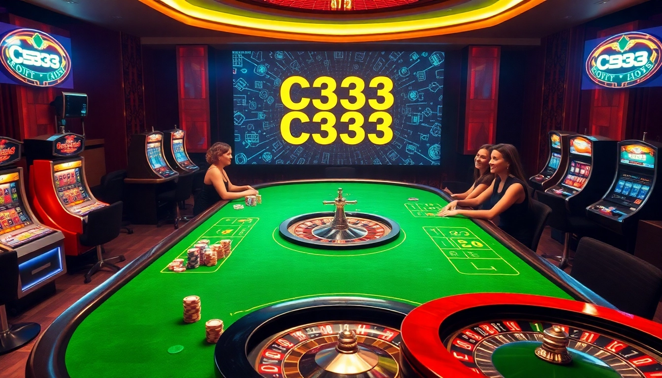 Experiência de jogo do C333 com jogadores empolgados em uma mesa de cassino luxuosa repleta de fichas de pôquer.