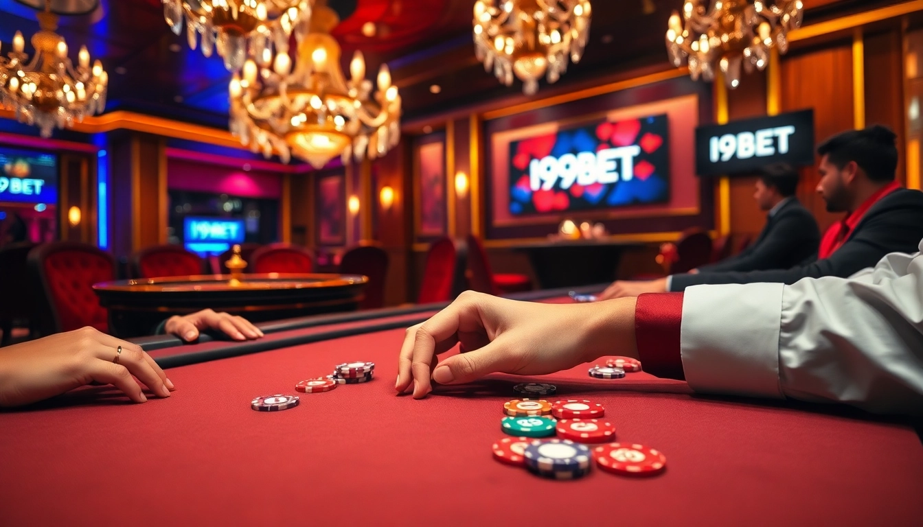 I9BET players engaging in VIP poker gameplay at a luxurious casino table with vibrant chips.