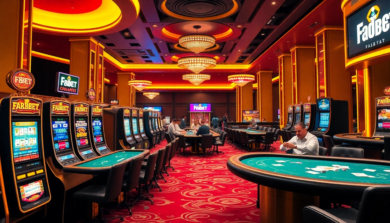 F8BET players enjoying a thrilling casino experience with vibrant tables and slot machines.