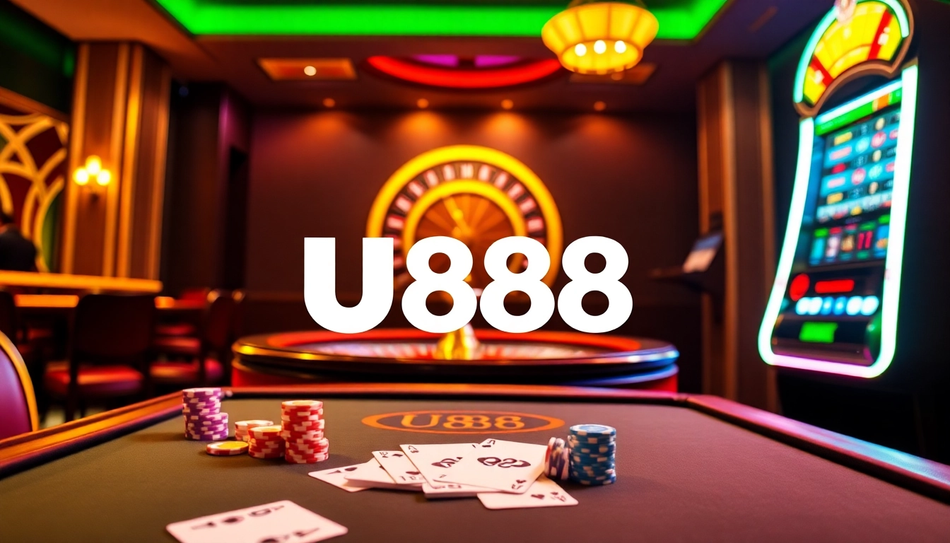 Experience the excitement of U888 gaming with vibrant casino visuals featuring poker chips and roulette.