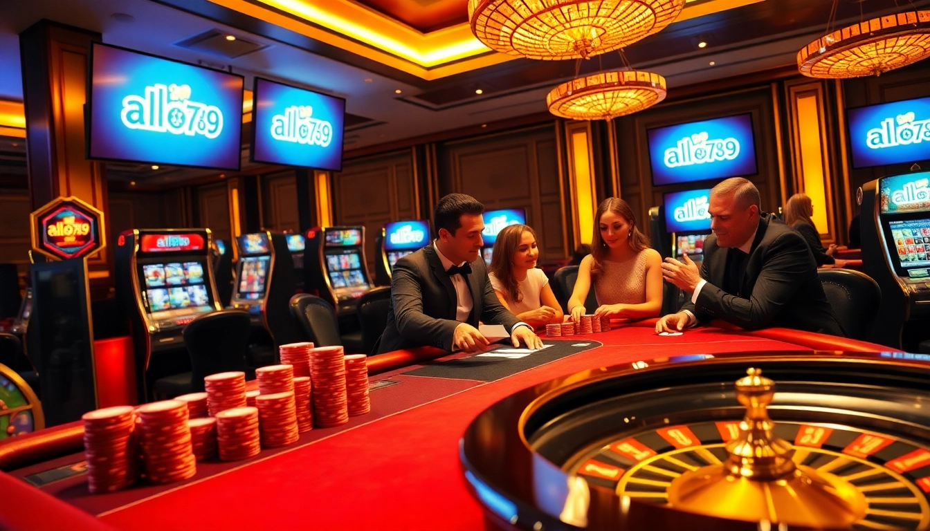 A vibrant casino scene with poker players celebrating their wins at alo789.