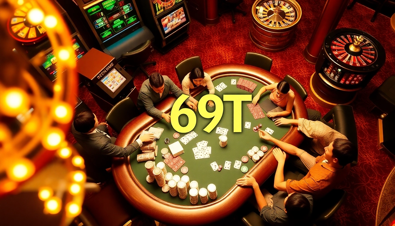 Jogadores envolvidos em intensa partida de pôquer em um cassino, com fichas de pôquer temáticas 69T vibrantes.