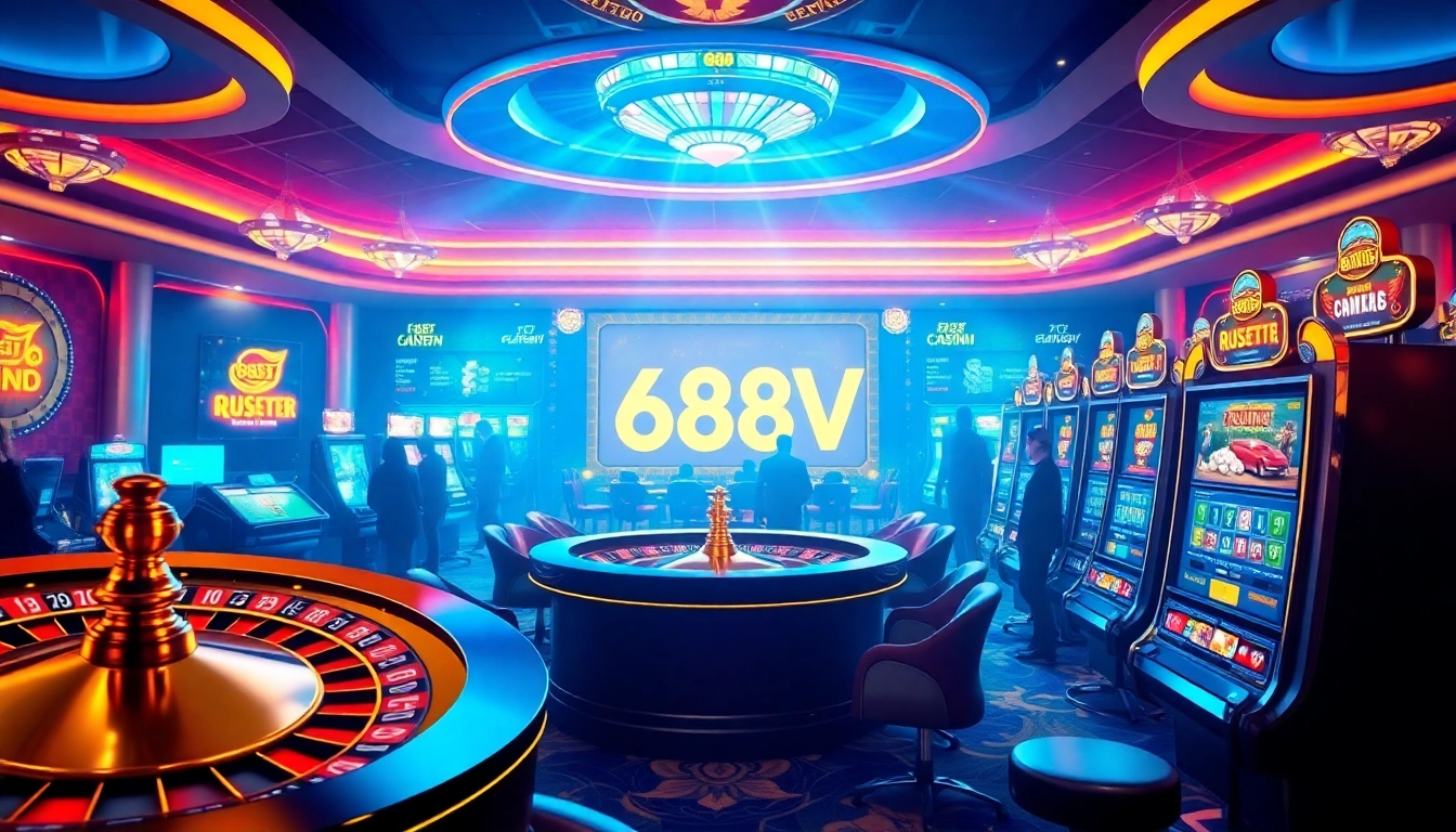 Engaging casino scene with vibrant elements of 688v, showcasing exciting gambling activities.